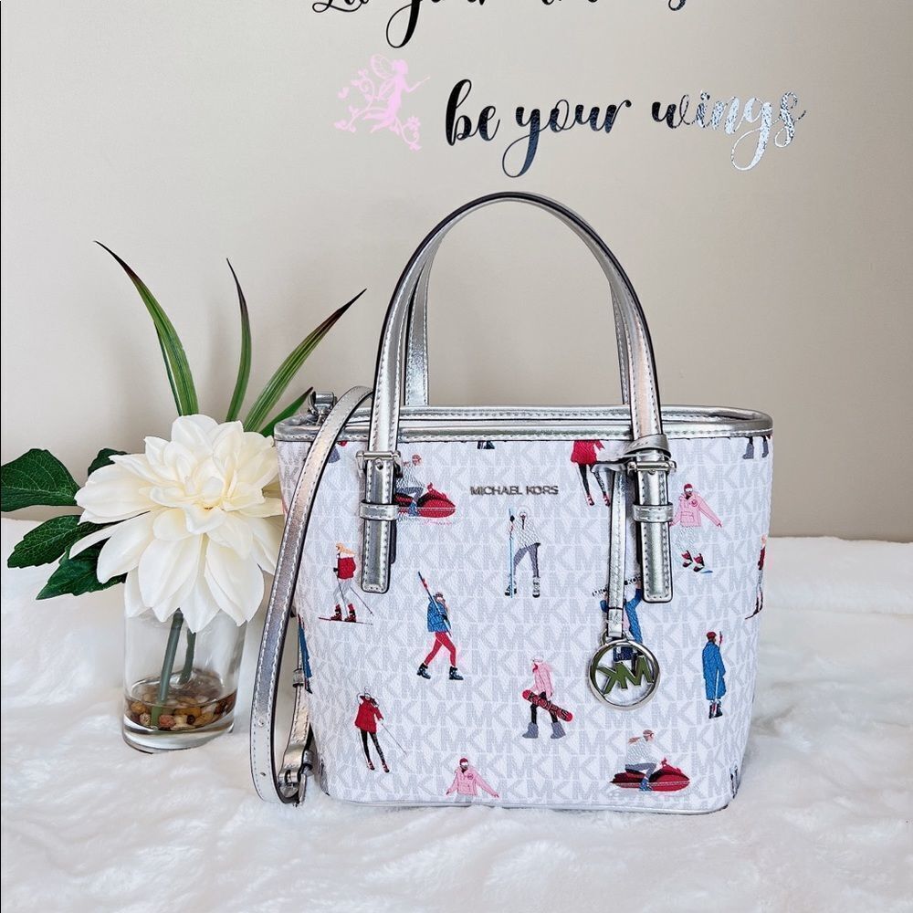 Michael Kors Jet Set Girls Print White Signature XS Carryall Top Zip Tote Bag